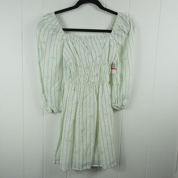 Charlie Holiday Linen Cotton Smocked Mini Dress Stripes Palm Trees Size 2 - Picture 2 of 11